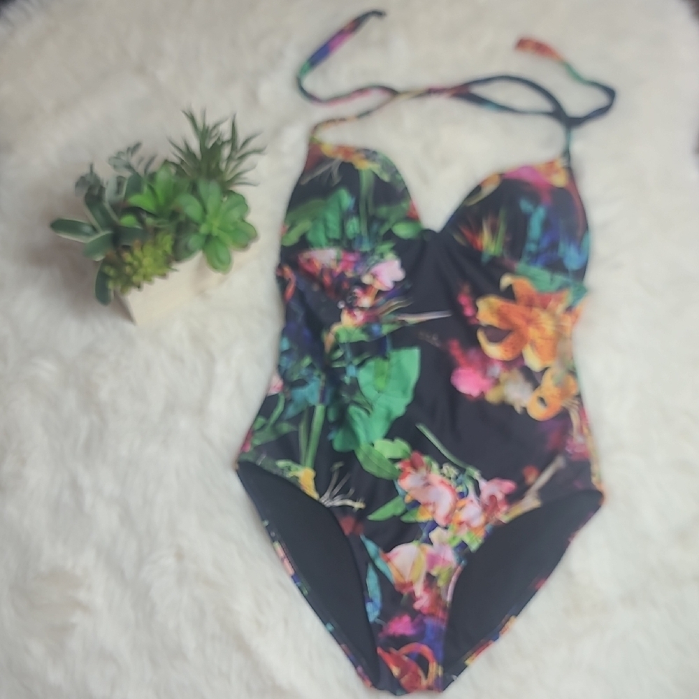 Old Navy Floral Black One-Piece Swimsuit